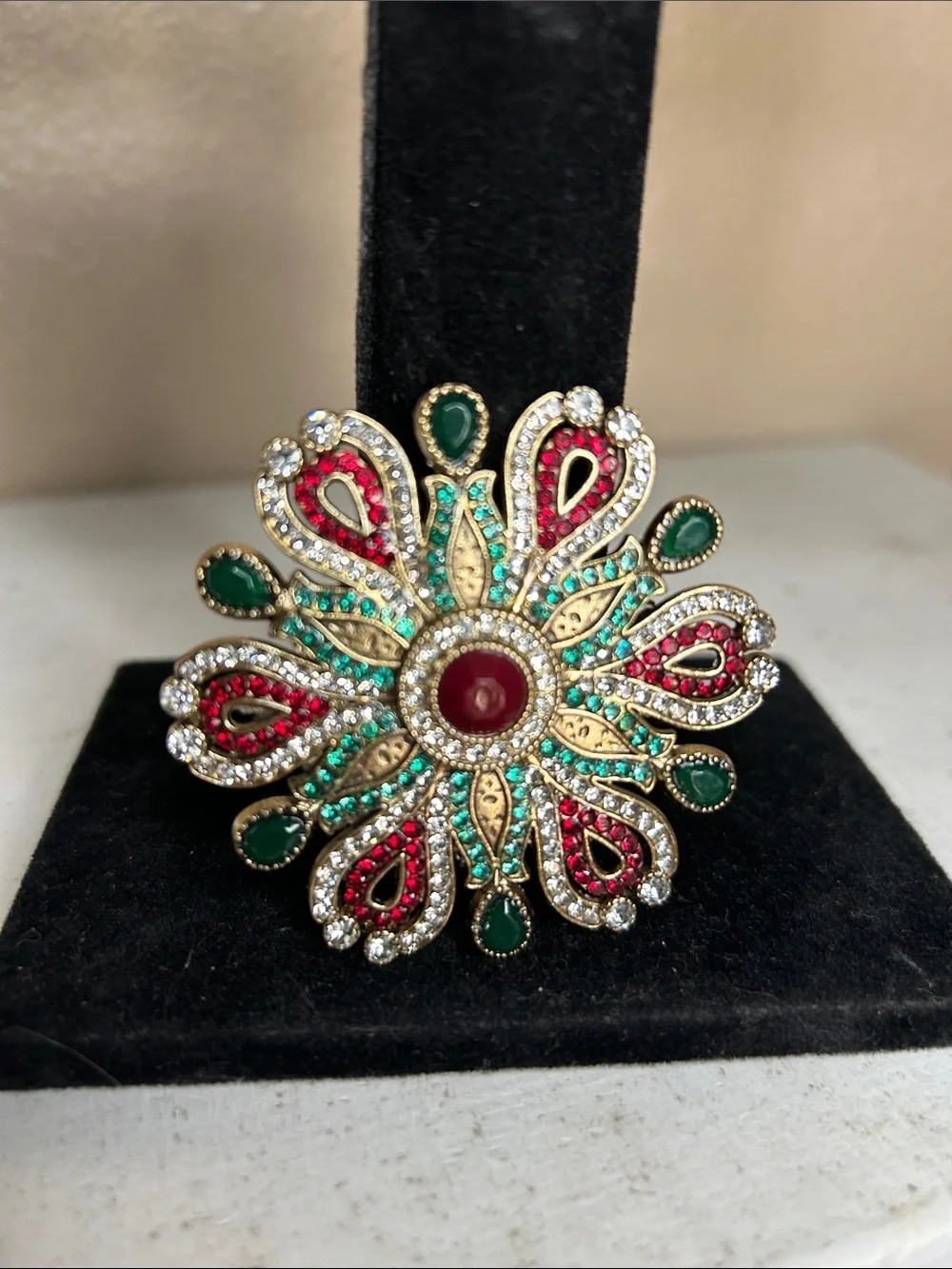 Vintage-Inspired Floral Brooch in Red and Teal Crystal